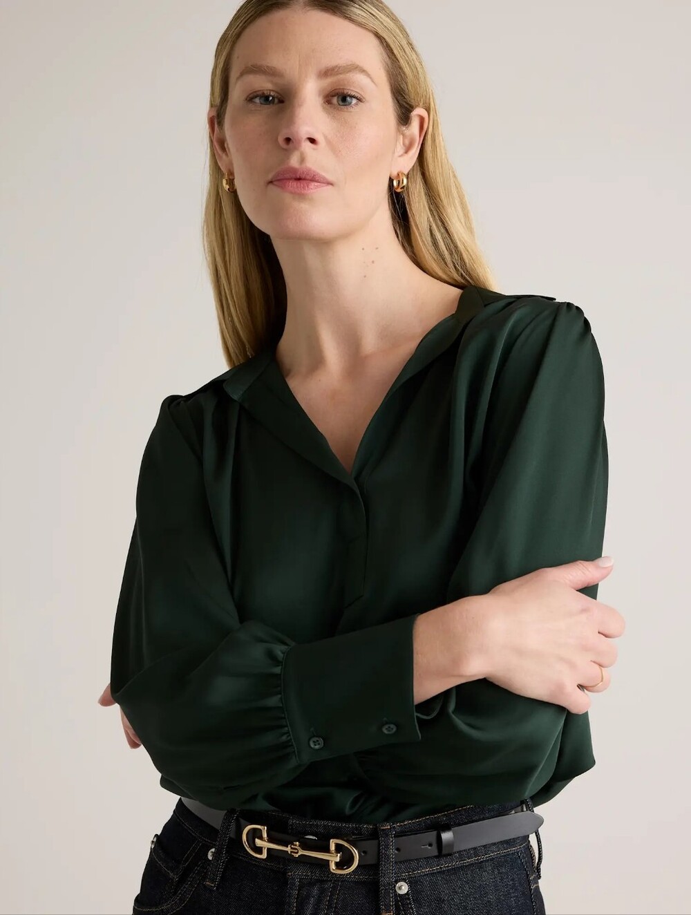 Quince Washable Stretch Mulberry Silk Split Neck Blouse, Sz M NWT Forest Green